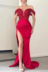 Modern Off-the-Shoulder Red Evening Dress Mermaid Slit With Beads